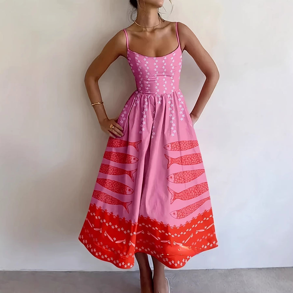 design-forward, niche print cami dress - midi length a-line, vacation style women's dress - perfect for resort looks