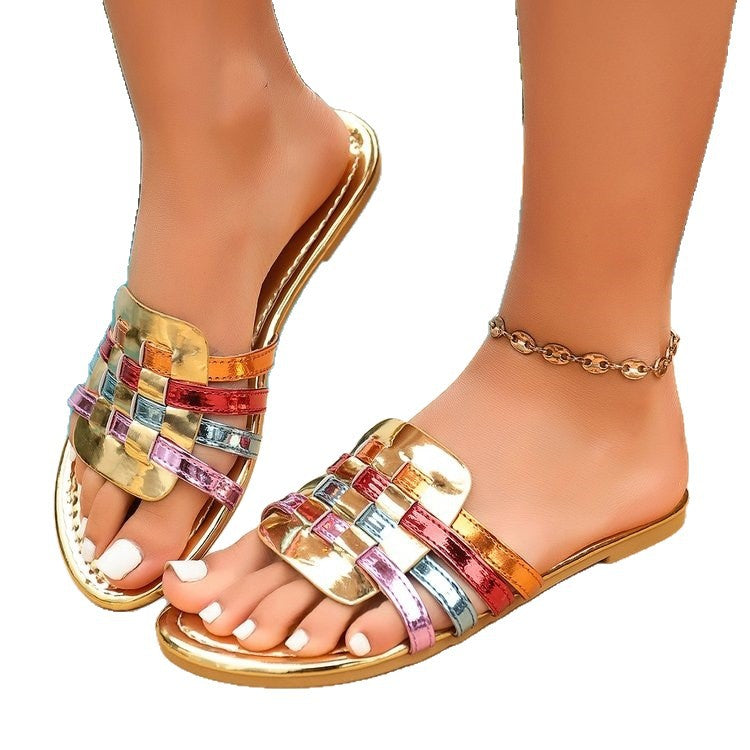 cross-border   new arrivalcontrast color thick heel slippers women's square toe patent leather plaid one-line sandals women's slippers