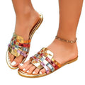 cross-border   new arrivalcontrast color thick heel slippers women's square toe patent leather plaid one-line sandals women's slippers
