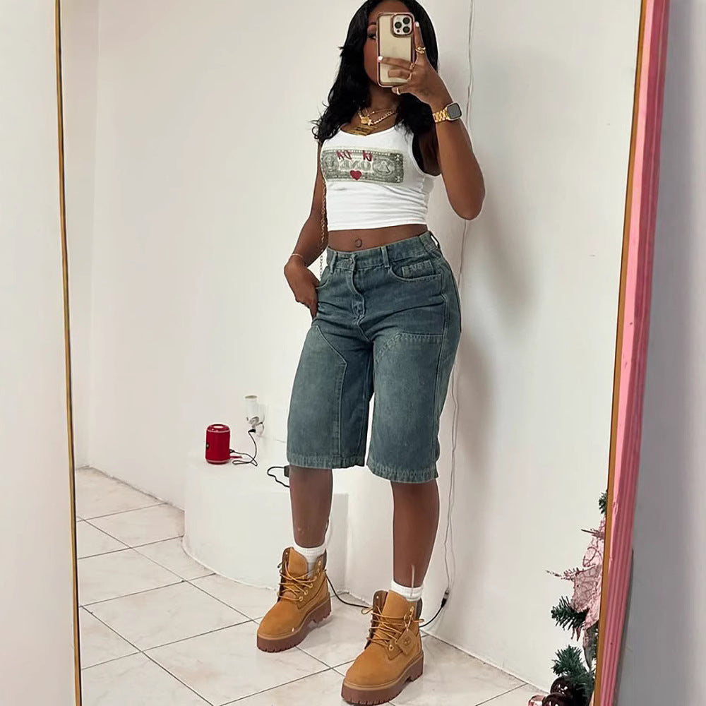 European and american cross-border women's fashion  women's casual denim shorts summer retro loose washed straight-leg denim shorts