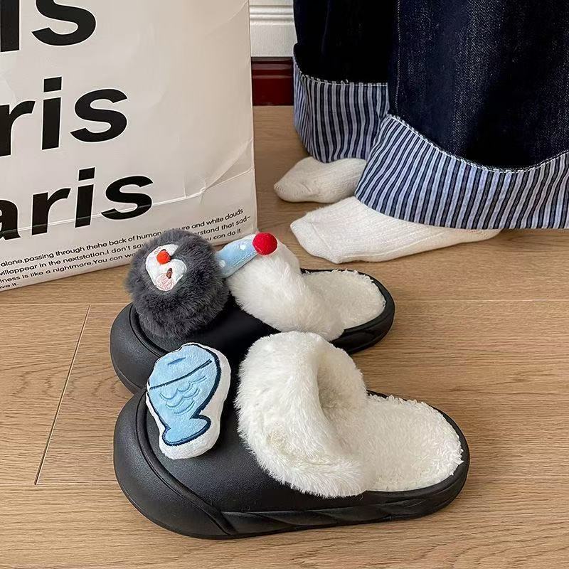 2025 winter new cartoon penguin & fish cotton slippers - thickened, warm, platform sole, detachable cotton slippers for women - wholesale