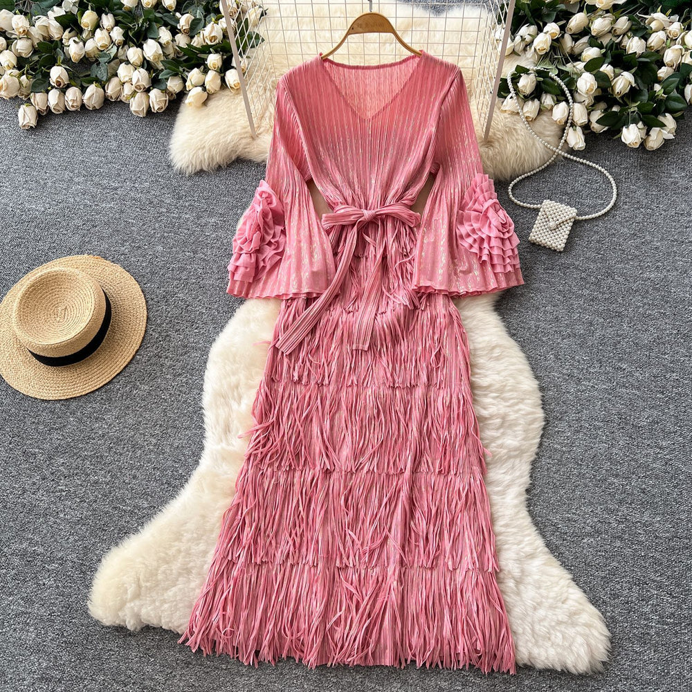 European and american style high-end flared sleeve dress - women's autumn raw edge 3d floral tie-waist midi dress - mature & chic