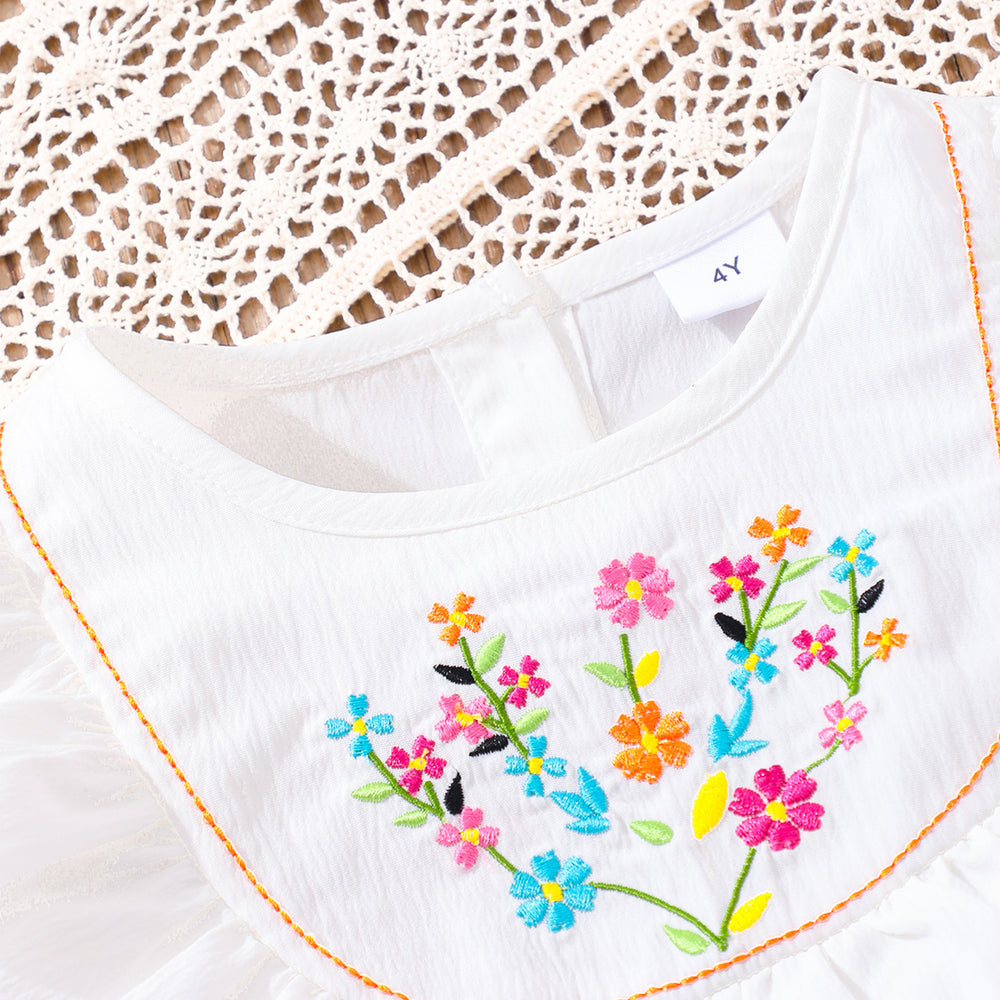Girls' (toddler) romper, summer round neck embroidered smocked romper