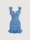 Amazon, tiktok, pinduoduo cross-border fashion: ruffle-trimmed denim slip dress - perfect for dates and work
