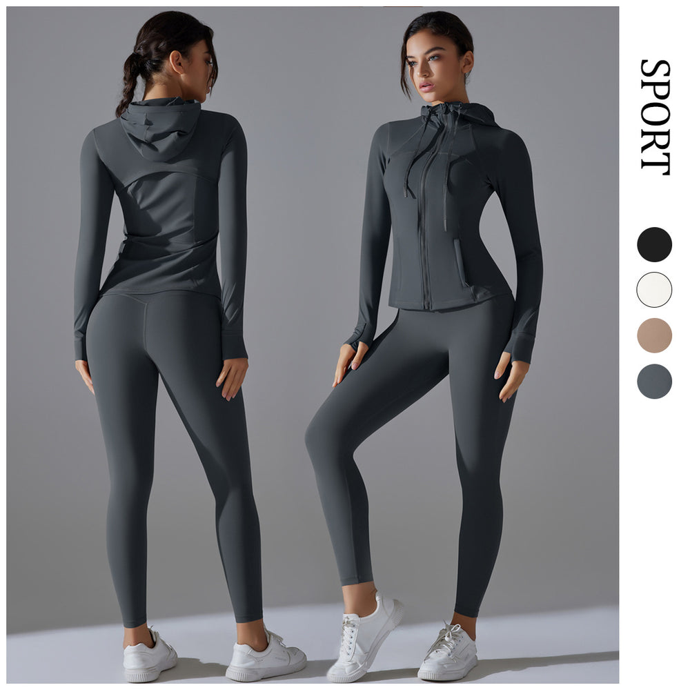 New outdoor running two-piece set: solid color quick-dry yoga outfit with hooded zip-up jacket and long-sleeve fitness set