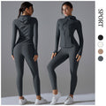 New outdoor running two-piece set: solid color quick-dry yoga outfit with hooded zip-up jacket and long-sleeve fitness set