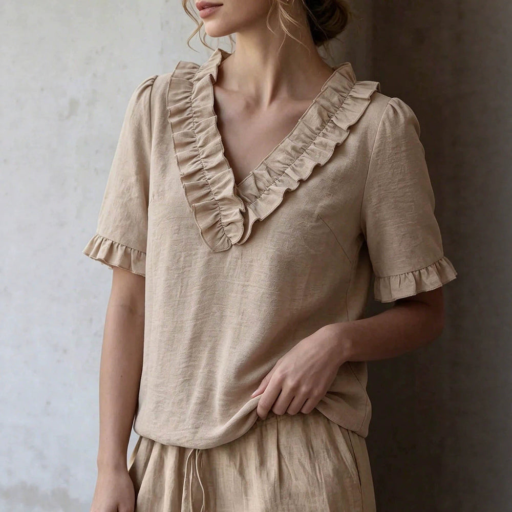 Plus size bohemian style blouse - textured linen fabric, double-layered ruffle v-neck, lace-trimmed short sleeves, relaxed fit