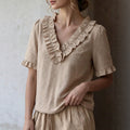 Plus size bohemian style blouse - textured linen fabric, double-layered ruffle v-neck, lace-trimmed short sleeves, relaxed fit