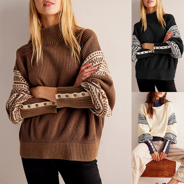 New autumn and winter  hot-selling knitted color matching semi-turtleneck fashion pullover 2025  European and American women's clothing