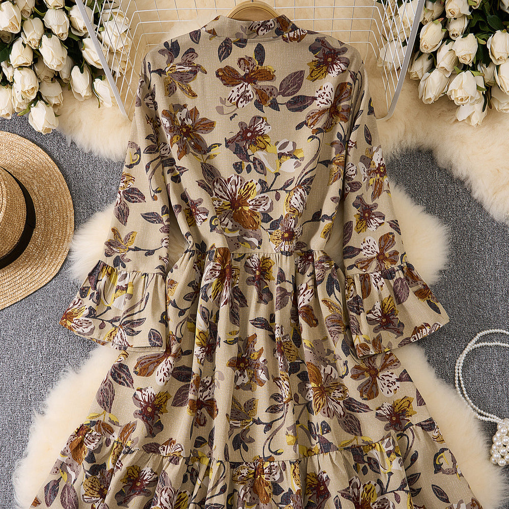 Women's floral print cutout v-neck ruffle hem long sleeve mini dress