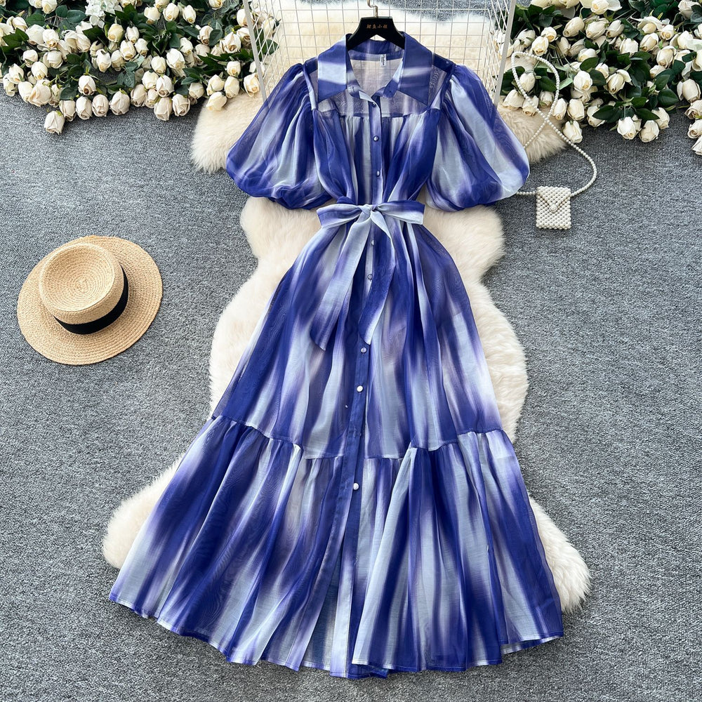 Palace style niche styleclassy puff sleeve shirt dress female french strap waist printing large swing long skirt