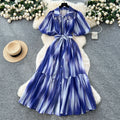 Palace style niche styleclassy puff sleeve shirt dress female french strap waist printing large swing long skirt