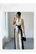 Fashion cross-border women's clothing fashionv neck sleeveless waist tie back vest contrast colorloose pantssense of designsuit