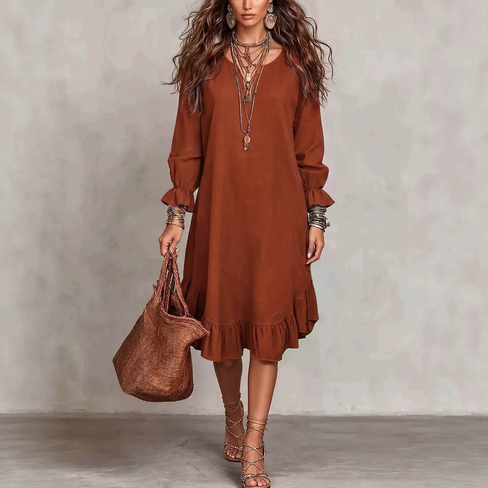 Women's vacation-ready slip dress: relaxed fit, v-neck, slit hem, ruffle trim, midi length - wholesale available