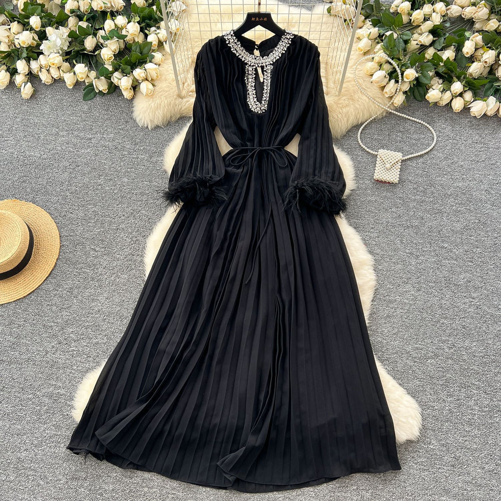 French-style, heavily embellished, diamond-studded, faux fur sleeve, high-end pleated dress - women's loose-fit, tie-waist, elegant long dress