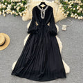 French-style, heavily embellished, diamond-studded, faux fur sleeve, high-end pleated dress - women's loose-fit, tie-waist, elegant long dress