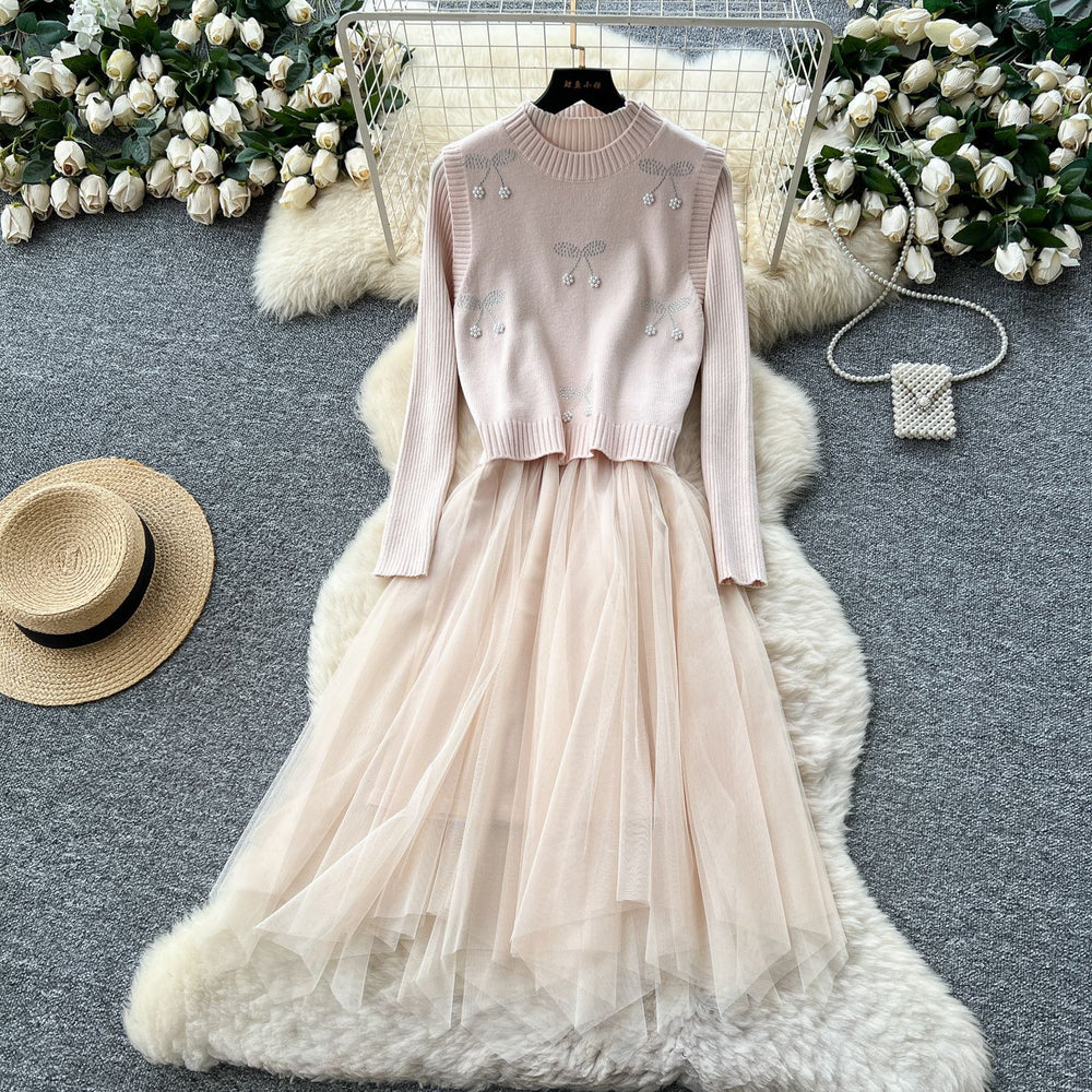 Premium women's fall/winter outfit: cherry rhinestone embellished round neck sleeveless vest + long sleeve knit & mesh panel dress