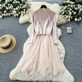 Premium women's fall/winter outfit: cherry rhinestone embellished round neck sleeveless vest + long sleeve knit & mesh panel dress