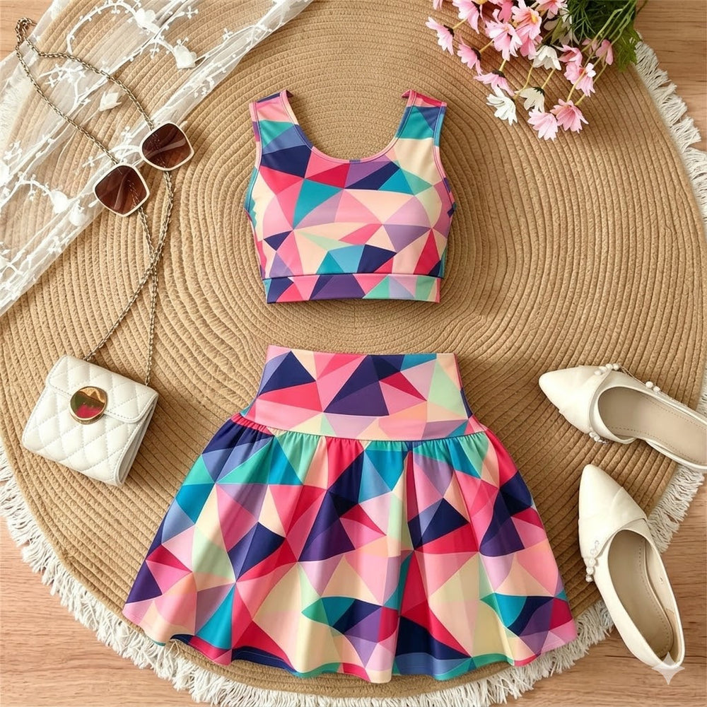 girls' activewear set: colorful geometric camo sleeveless tank top & high-waisted faux two-piece skirt - kids' two-piece outfit
