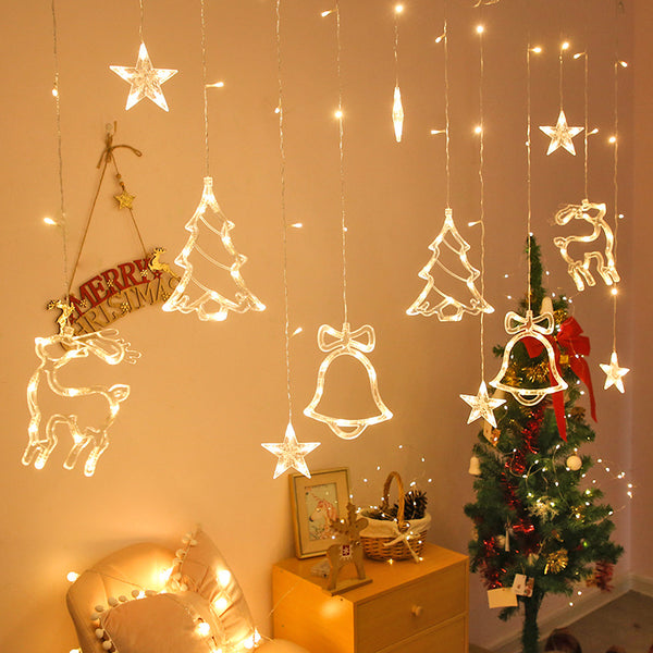LED Curtain Lights Christmas Day Room Decoration Lights Creative Deer Bells Christmas Tree Curtain Lights String Wholesale