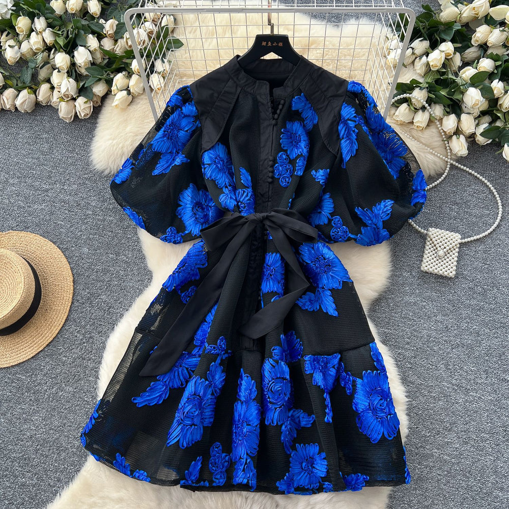 French retro court style heavy embroidery lantern sleeve cinched waist dress - women's summer high-end slimming a-line dress