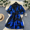 French retro court style heavy embroidery lantern sleeve cinched waist dress - women's summer high-end slimming a-line dress