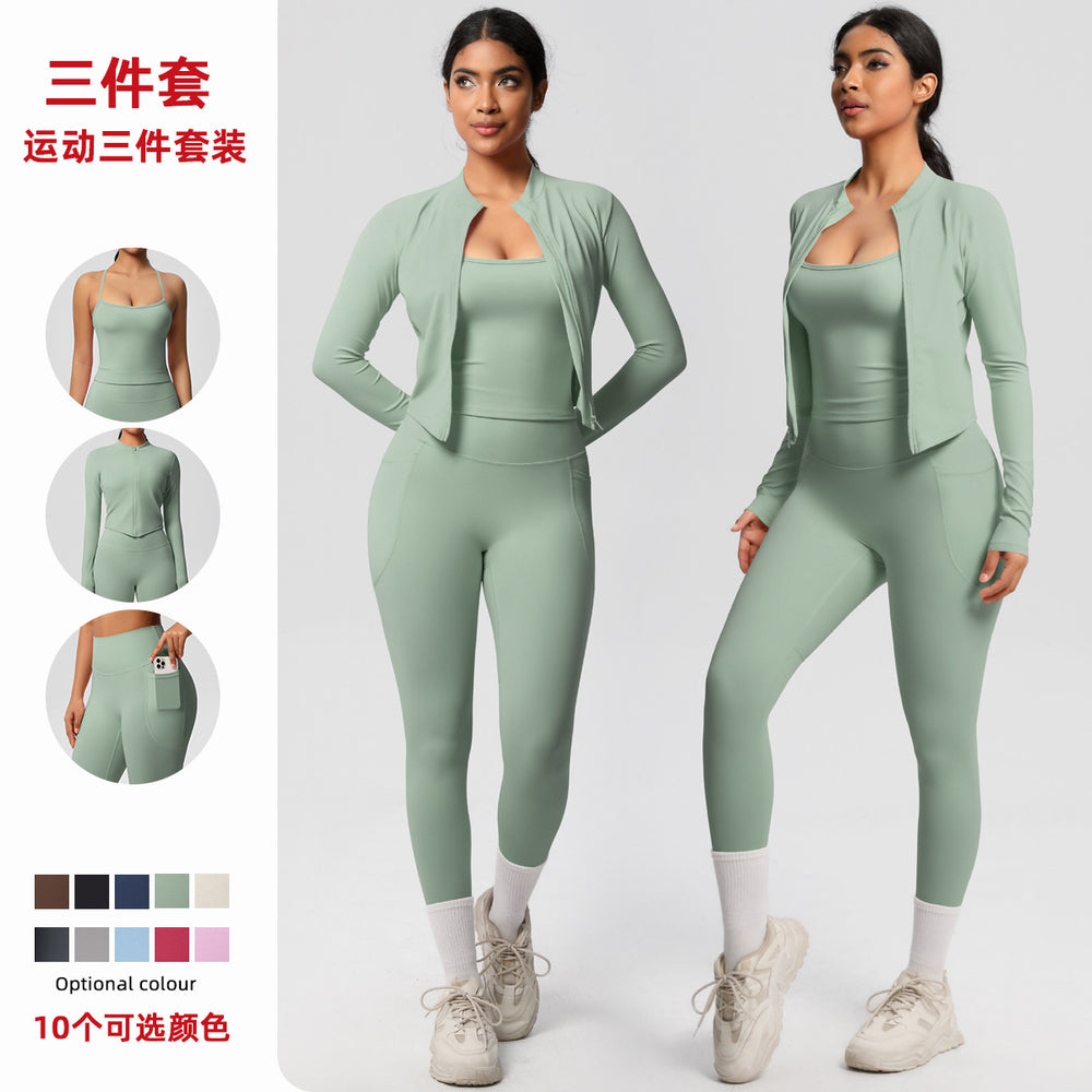 European and american outdoor casual tight-fit pocket yoga outfit set - quick-dry, high-waisted, slimming, cloud-like comfort, three-piece activewear set