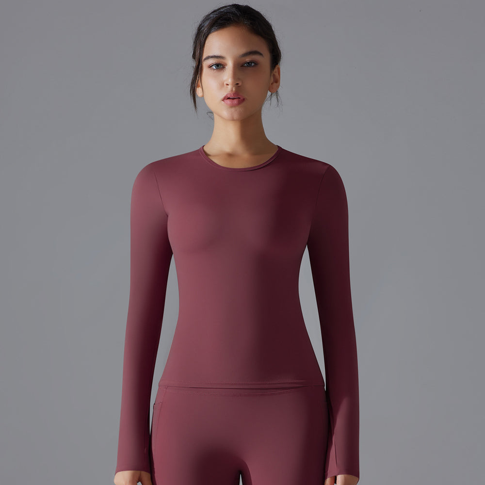 New double-sided brushed solid color long yoga top - long sleeve, high-stretch, breathable, sports running fitness casual t-shirt for women