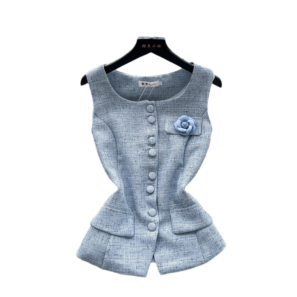 Xiaoxiangfeng v neck single breasted vest for women spring and summer stereo flower brooch waist elegant vest vest work clothing
