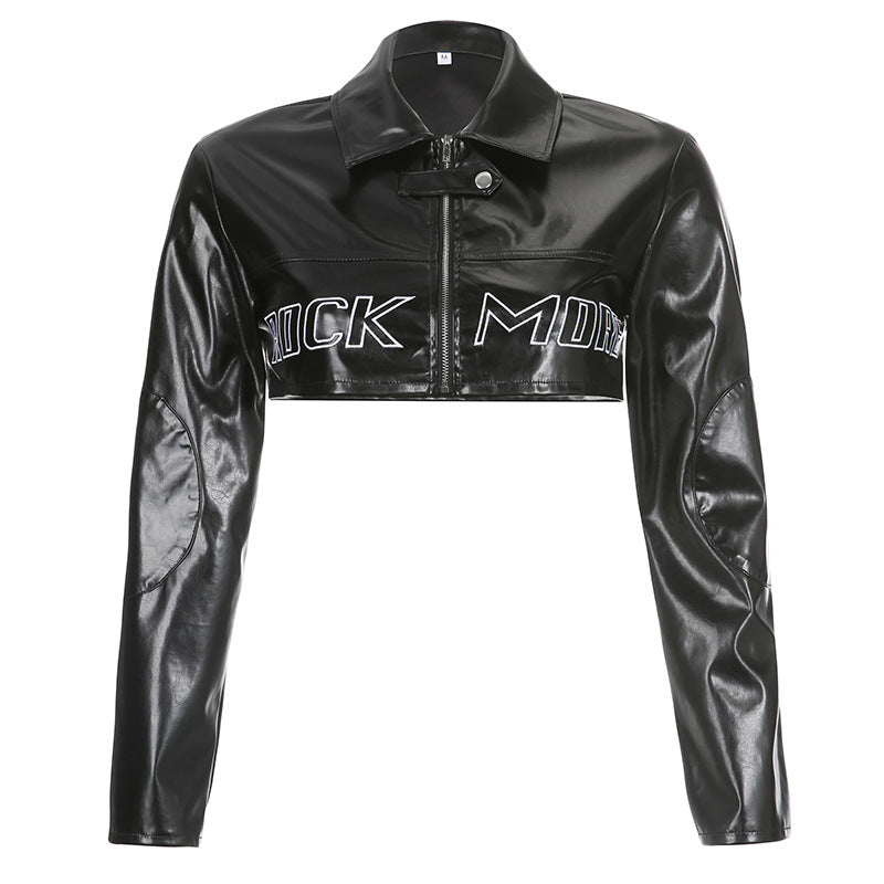 C27414 autumn and winter European and American street fashion women's clothing locomotive letter embroidery PU leather short jacket baseball jacket jacket