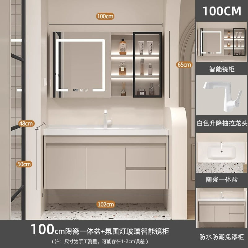 Ceramic all-in-one basin bathroom combination solid wood bathroom wash basin wash basin wash basin cream style