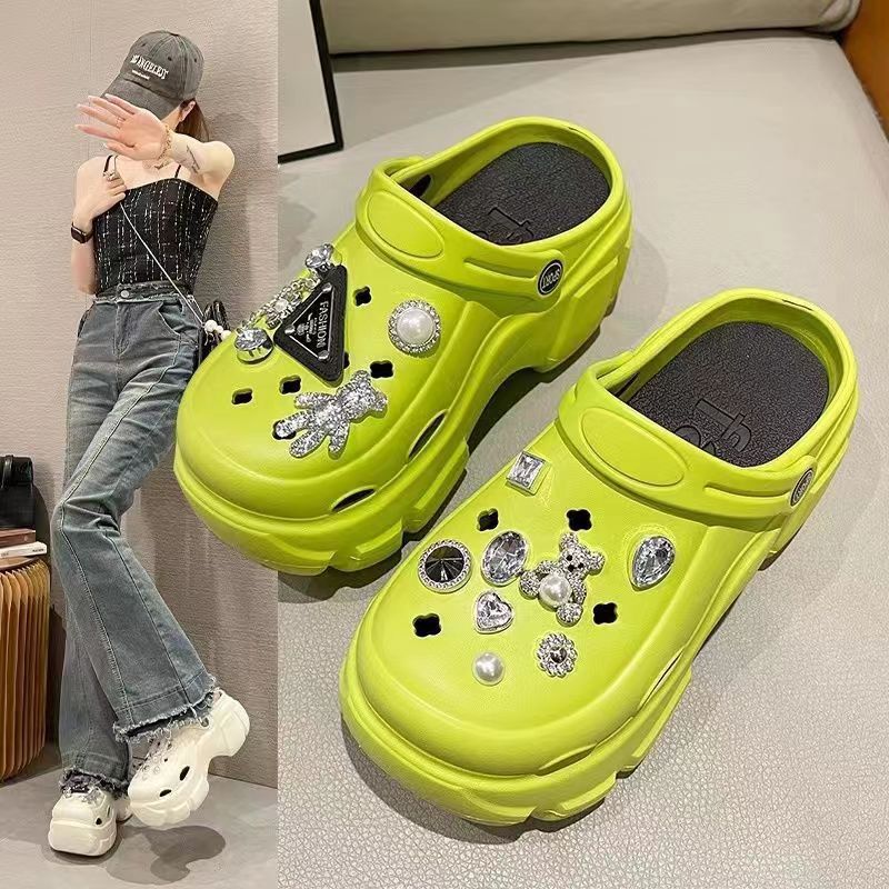 Women's summer outdoor slippers: stylish platform clogs with height boost, cute cartoon bear design, and beach-friendly closed-toe sandals with rhinestone accents