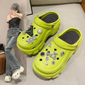 Women's summer outdoor slippers: stylish platform clogs with height boost, cute cartoon bear design, and beach-friendly closed-toe sandals with rhinestone accents