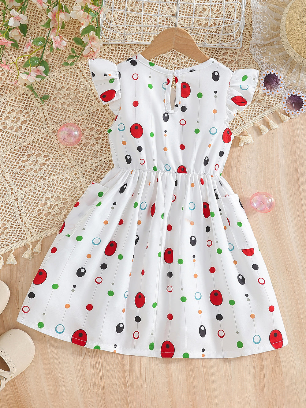 Girls' summer white flutter sleeve polka dot a-line dress - mid-to-large size, perfect for vacation, cross-border e-commerce, and kids' clothing