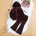 Girls' gold velvet tracksuit set: hooded zip-up top & flare leg pants - two-piece outfit for kids