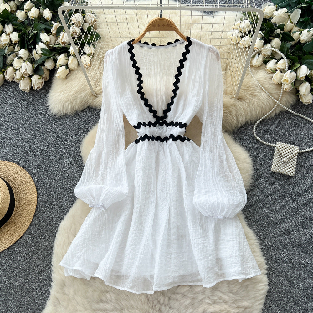 Frenchsexy deep v neck wave edge patchwork waist lantern sleeve dress women's autumslimming looka line vacation skirt