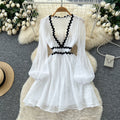 Frenchsexy deep v neck wave edge patchwork waist lantern sleeve dress women's autumslimming looka line vacation skirt