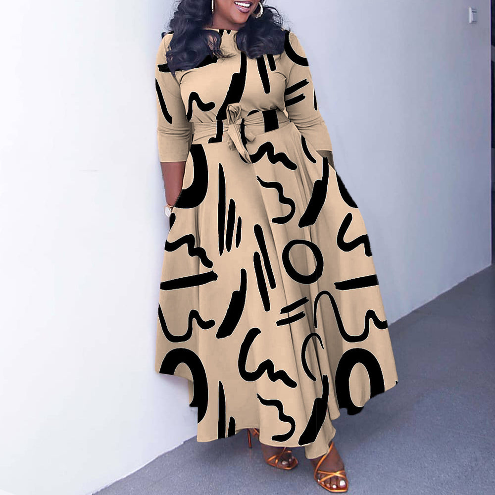 Q100 cross-border women's autumn/winter new fashion long dress - elegant tie-waist printed plus size european and american style dress for export