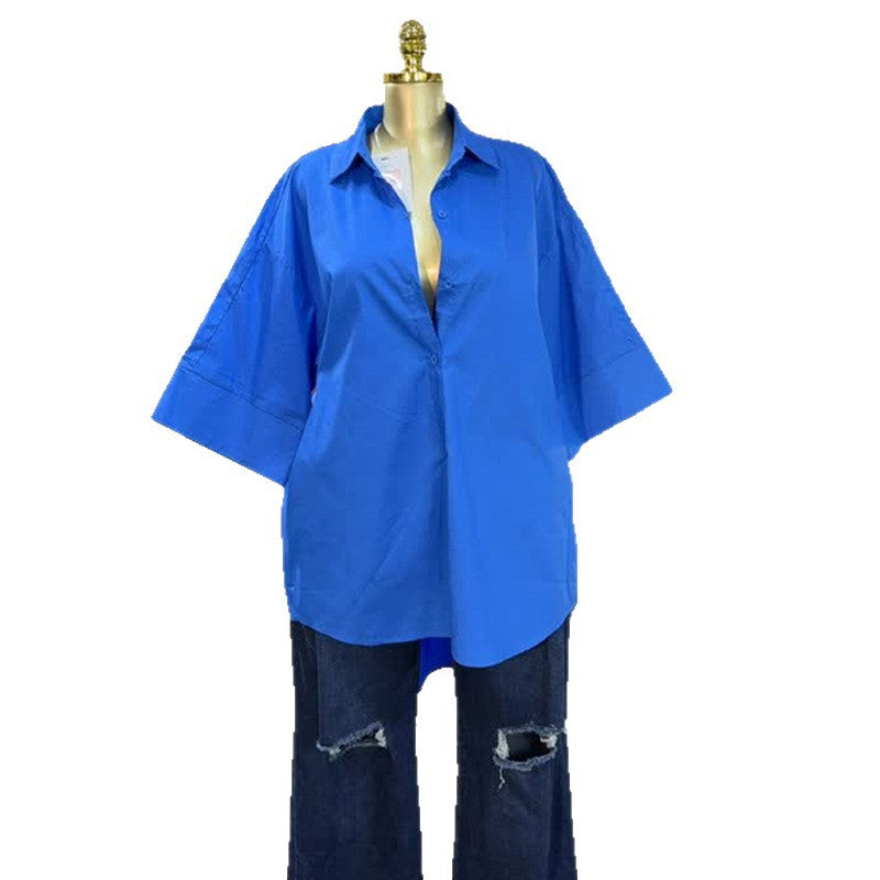 European and american cross-border women's fashion:  autumn new arrival - casual turn-down collar solid color loose fit fashionable three-quarter sleeve blouse top