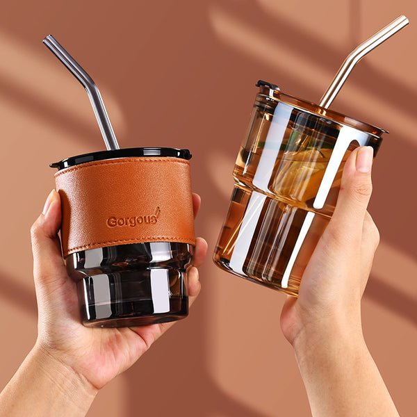 Coffee cup high value glass straw cup men's and women's milk tea cup ins wind bamboo cup with lid creative cup leather case