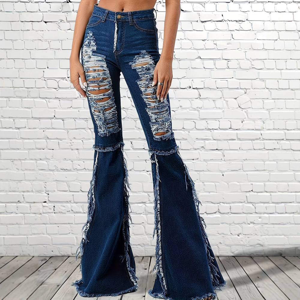 Fashionjeans women's cross-border high waist ripped micro-flared pants tassel raw edge washed silm high denim pants