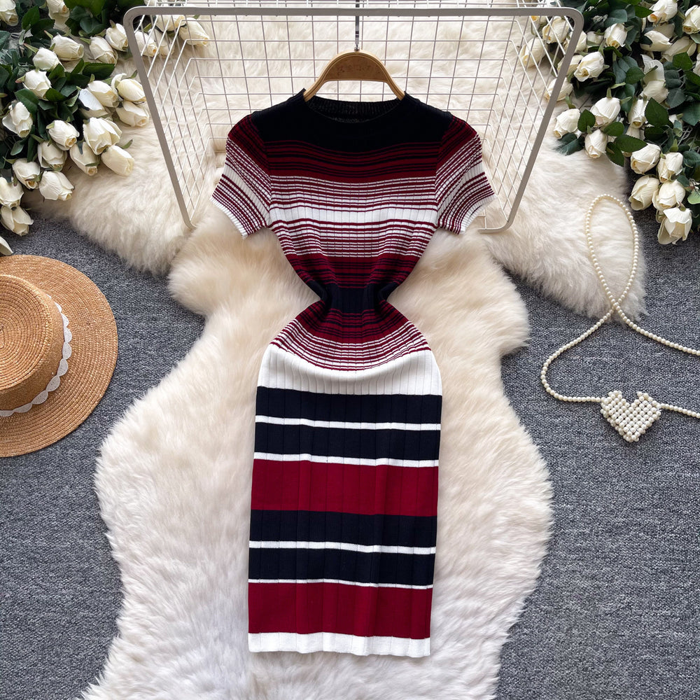 Korean style color block striped knit dress - women's 2026 summer slim fit short sleeve a-line dress - commute chic