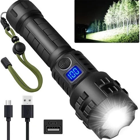 Cross-border new XHP-70 strong light Ttpe-c charging power display safety tail hammer retractable zoom flashlight