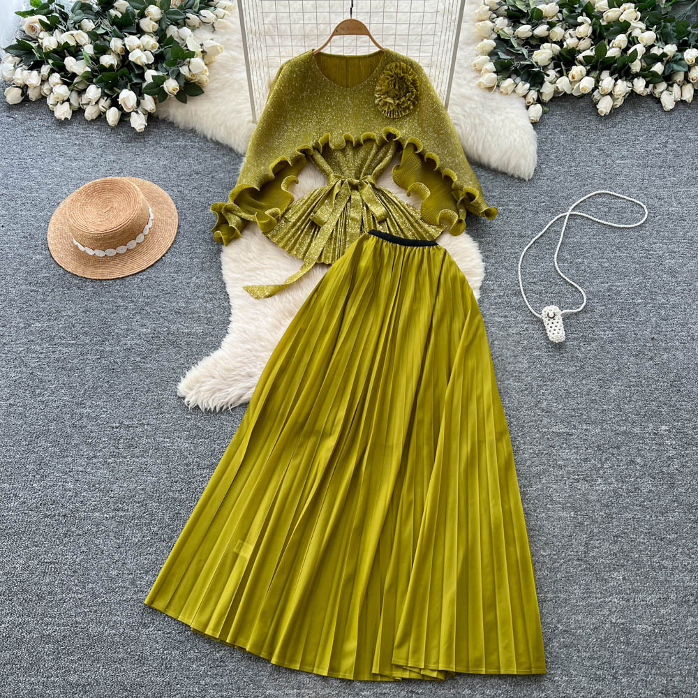 Sense of design stereo flower fungus edge patchworklong sleeves waist tops women's high waist pleated skirt miyake suit