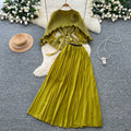 Sense of design stereo flower fungus edge patchworklong sleeves waist tops women's high waist pleated skirt miyake suit
