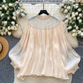 Accessible luxuryeleganceclassy sense of nails and diamonds mesh patchwork lantern sleeves streamer shirt women's autumlooseslimming look bottom shirt