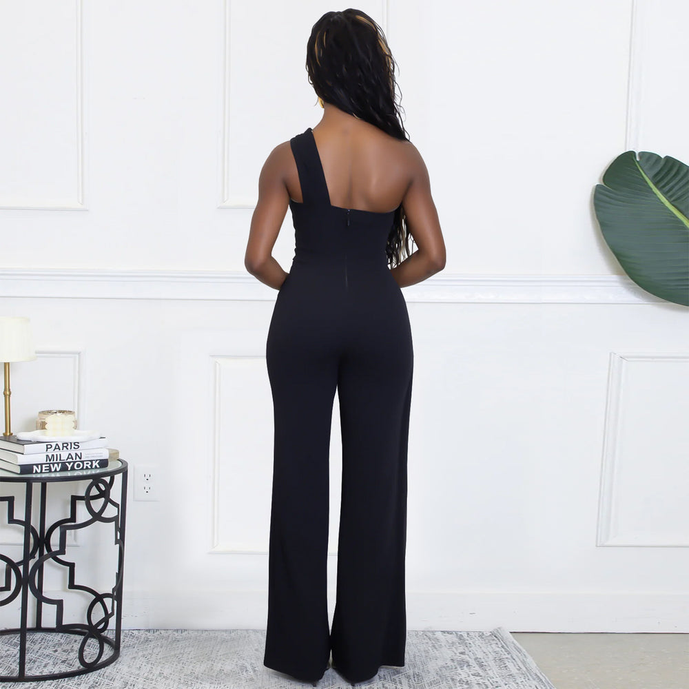 C7505 cross-border   fashion women's summer elegant decorative buckle one-shoulder jumpsuit new