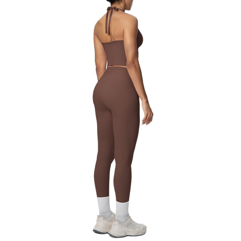 New arrival cross-border brushed beautiful back tight strap halter high waist yoga suit sports running fitness two-piece set