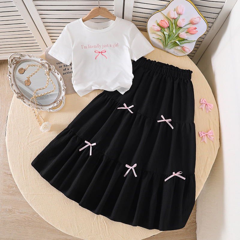 Girls' foreign trade outfit:  spring/summer new collection - cross-border european and american fashion, printed short-sleeve top with bowknot skirt