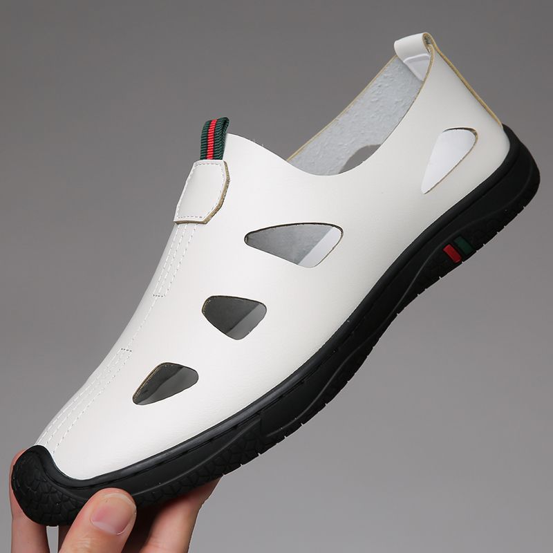 2025 new summer men's soft leather shoes, men's soft sole casual shoes, comfortable breathable perforated leather sandals for men